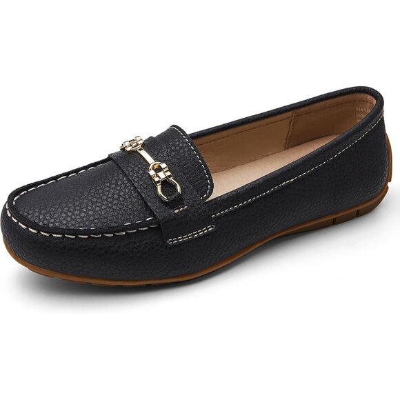 Kordal Women's Black Leather Gold Accent Buckle Slip-Ons Walking Flats Loafers - Picture 2 of 9